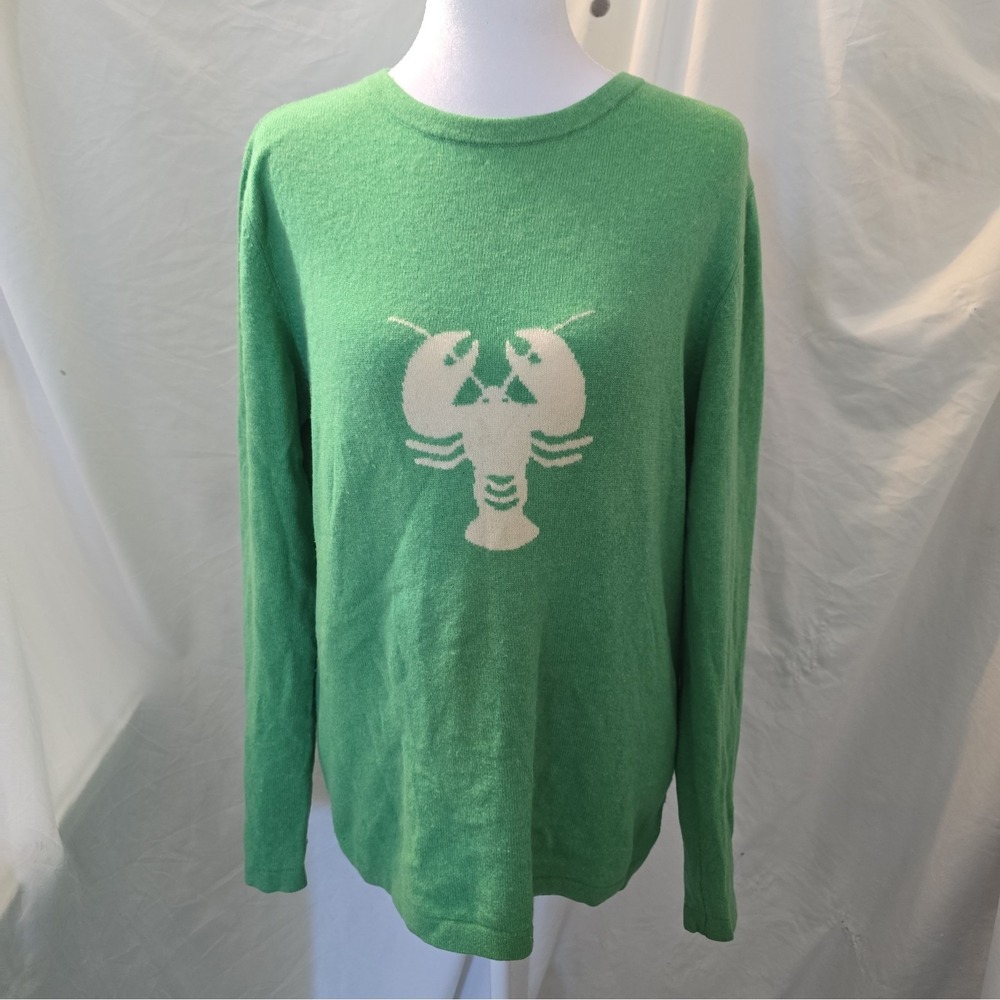 Two Bees Cashmere Green Lobster Intarsia Crewneck Sweater Size XL Coastal Beachy